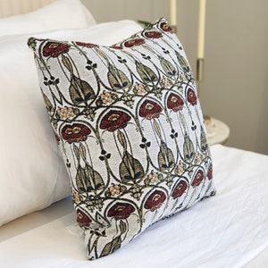 Art Nouveau Pillow, Woven Pillow, Charles Rennie Mackintosh, Mackintosh Rose, Glasgow Style, Voyage Pillow, Reds, Greens, Craftsman Bungalow