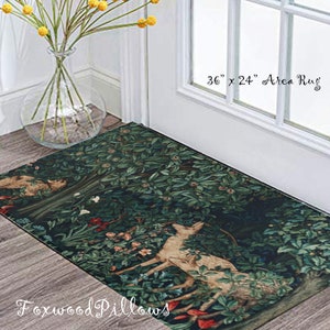 Fall Rug, Forest Animal Rug, Rug Runner, Rustic Area Rug, Cabin Rug, Dark Green, William Morris Rug, Kitchen Rug, Entry, Hallway, Bathroom