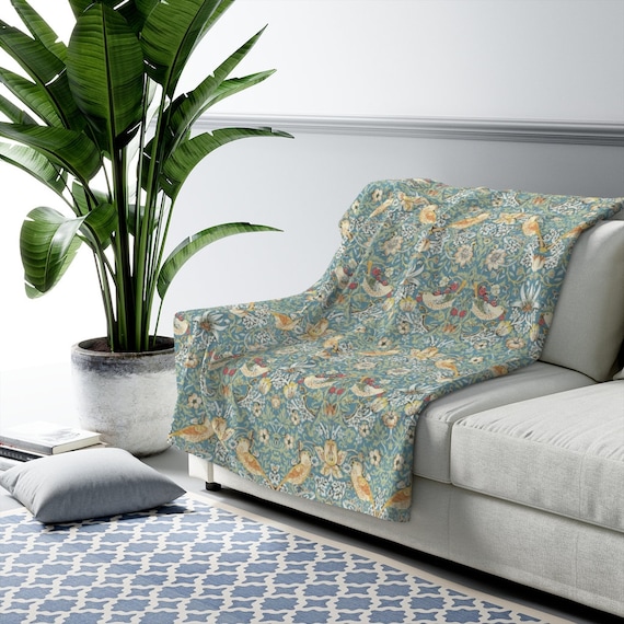 Strawberry Thief Pillow Light Aqua Blanket William Morris Arts and Crafts Movement Sherpa Fleece Blanket Aqua Strawberry Thief Throw Etsy