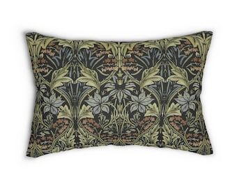 May include: A rectangular cushion with a dark green background and a repeating floral pattern in shades of green, blue, and brown.