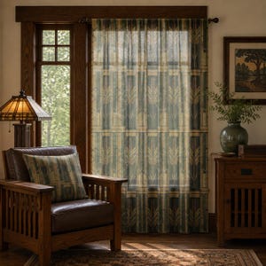 May include: A sheer window curtain panel featuring a repeating geometric pattern in shades of muted green, gold, and dark brown. The design includes vertical lines and stylized wheat-like motifs printed on a translucent fabric.