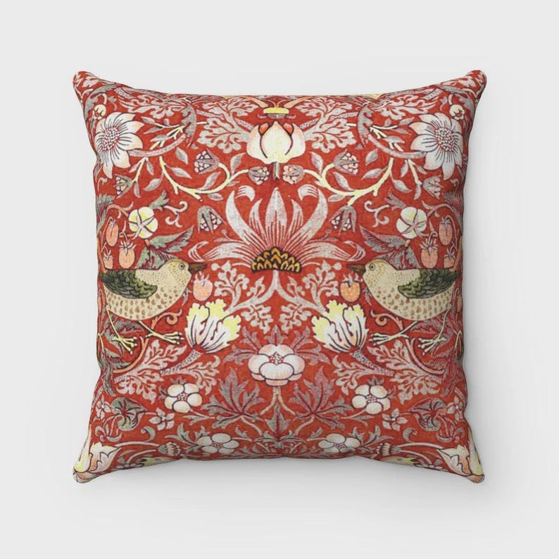 William Morris Strawberry Thief Outdoor Pillow: Red Bird Patio Decor image 5