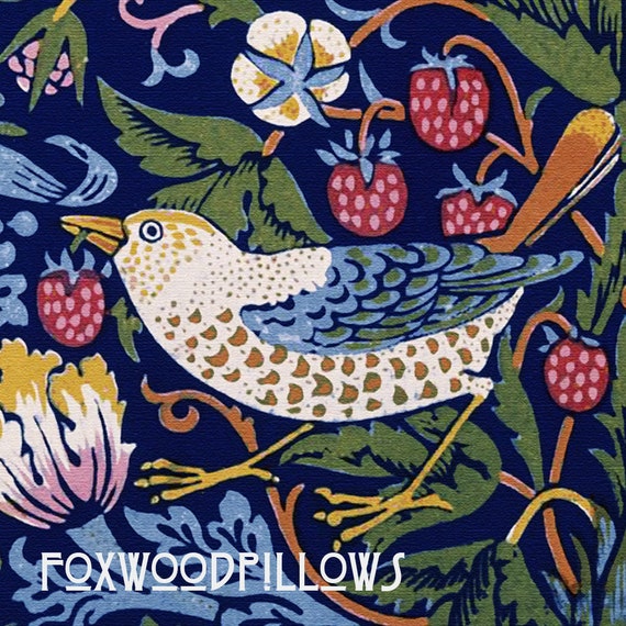 Strawberry Thief Lumbar Pillow: William Morris Navy Spun Polyester
