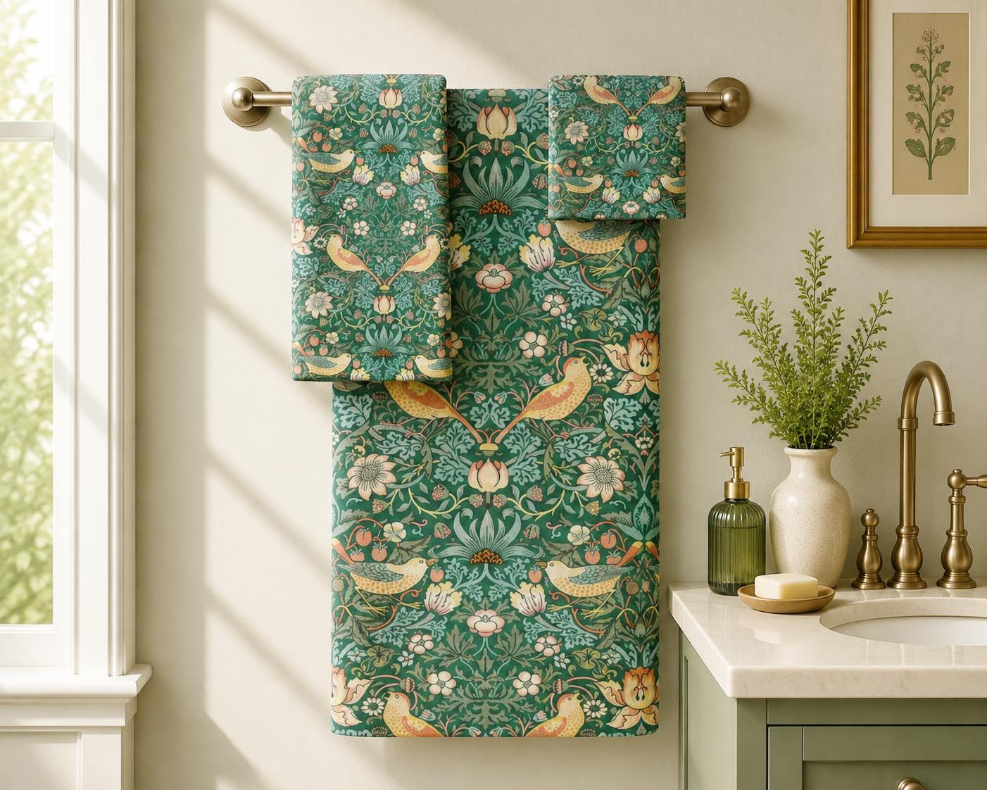 William Morris Green Bath Towel Set: Strawberry Thief Bird Décor