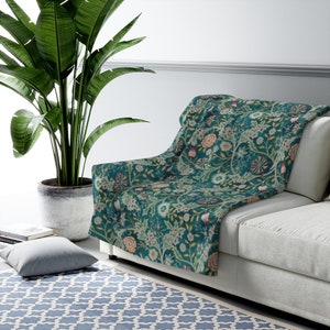William Morris Floral Sherpa Blanket: Emerald Blue Wilhelmina Throw