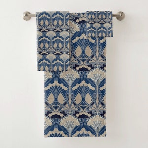 Blue Art Nouveau Towel Set Wash Cloth Hand Towel Bath Towel, Blue Ivory Hues, Rene Beauclair Design