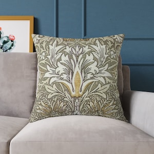 William Morris Accent Pillow, Snakeshead, Natural Colors, Craftsman Décor, Light Sage Green Background, Bungalow Décor, Stickley, Floral