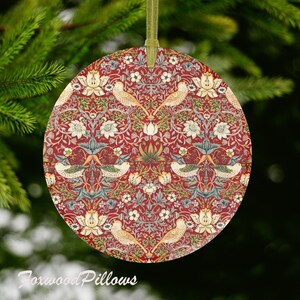 Strawberry Thief Ornament: Crimson Frosted Glass, William Morris Design