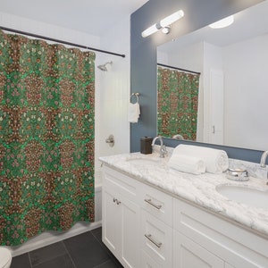 William Morris Shower Curtain, Blackthorn, Green & Red, Mold Resistant Shower, Washable Shower Curtain, Craftsman Bath, Mission Décor