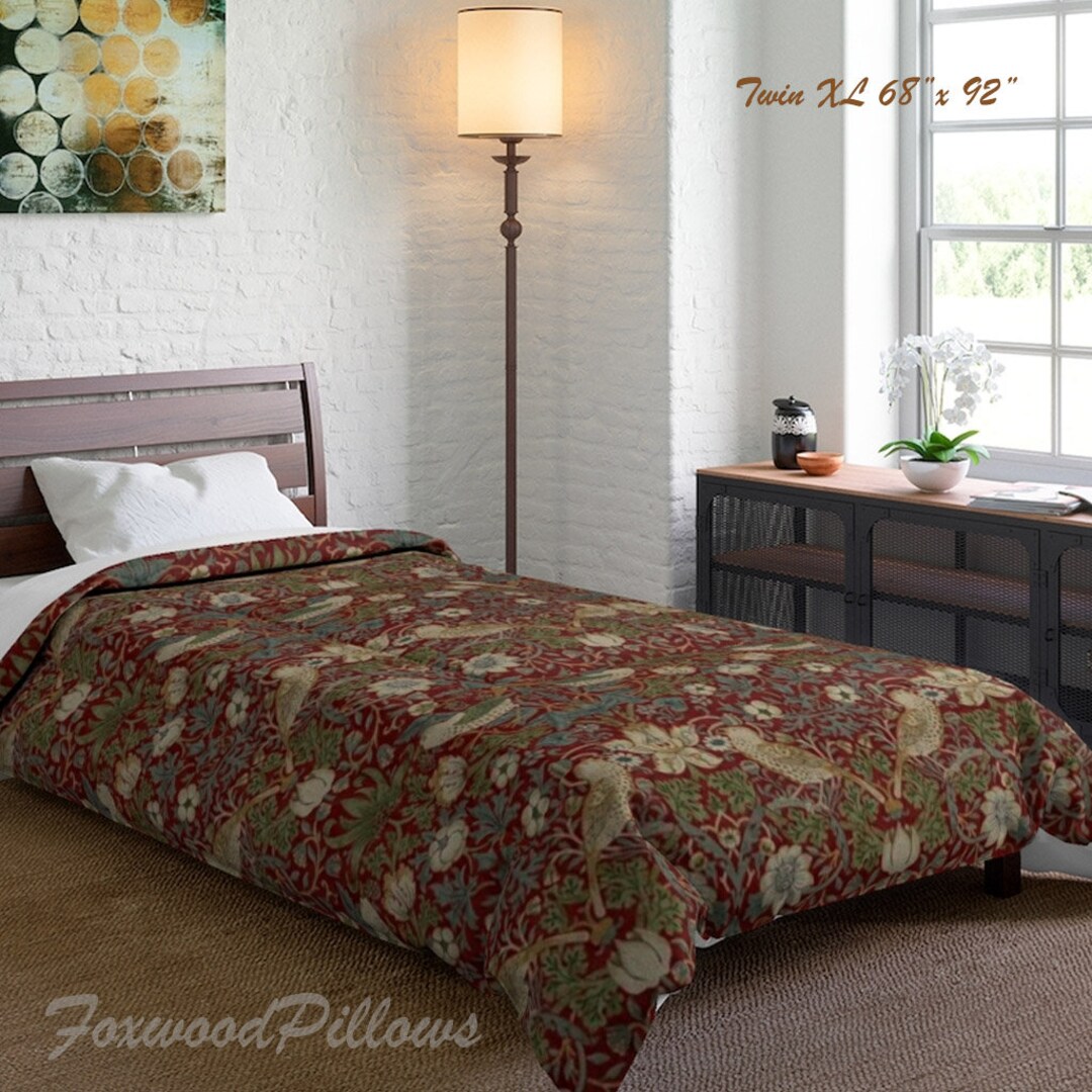 Crimson Strawberry Thief, Extra Long Twin Comforter, William Morris
