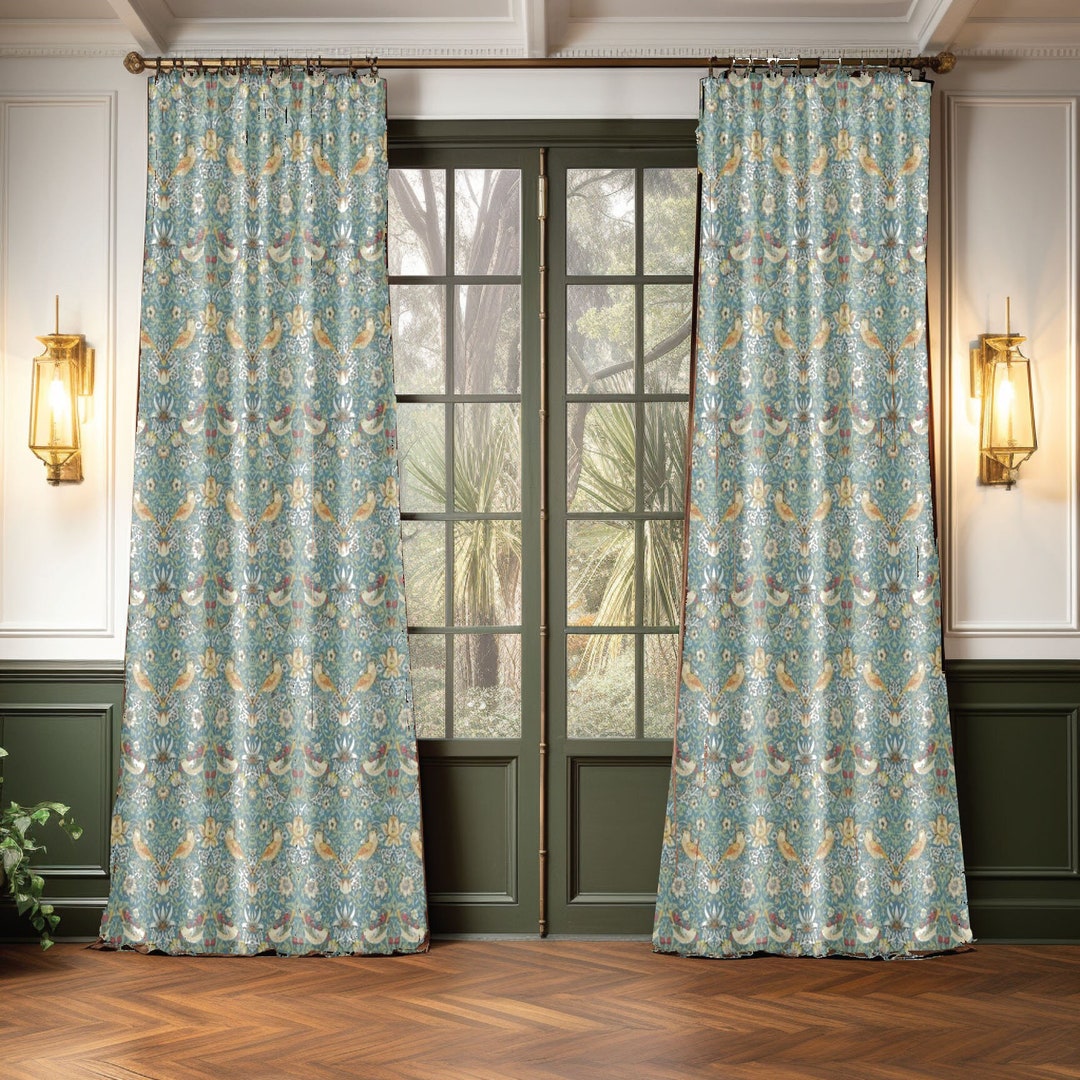 Strawberry Thief Curtains, Aqua William Morris Window Panels, Craftsman ...