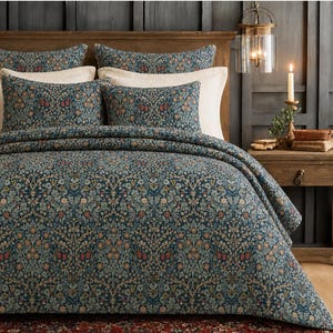 May include: A bedding set featuring a dark blue duvet cover and matching pillow shams with an intricate floral and botanical pattern in shades of muted orange, light blue, and green. The set includes solid cream-colored accent pillows.
