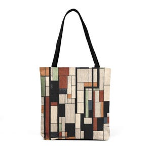 Geometric Mid-Century Blocks Woven Tote | Retro Grid Pattern Tote