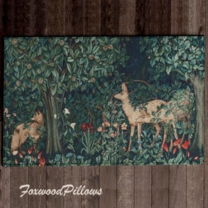Arts and Crafts Movement Rug, Lodge Decor, Lodge Rug, Deer Rug, Craftsman Bungalow Rug, William Morris Rug, Fox Rug, Rustic Home Decor,