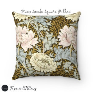 Fall Designer Pillow, Flower Cushion Cover, William Morris Pillow, Chrysanthemum Design, Faux Suede Square Pillow Cover, Pillow Cover Only