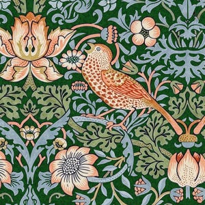 Pu&ograve; includere: Un motivo floreale dettagliato con un uccello appollaiato su un ramo. Il design presenta una vibrante tavolozza di colori verde, pesca e blu. L'opera d'arte include fiori e fogliame stilizzati, creando un'estetica decorativa classica.