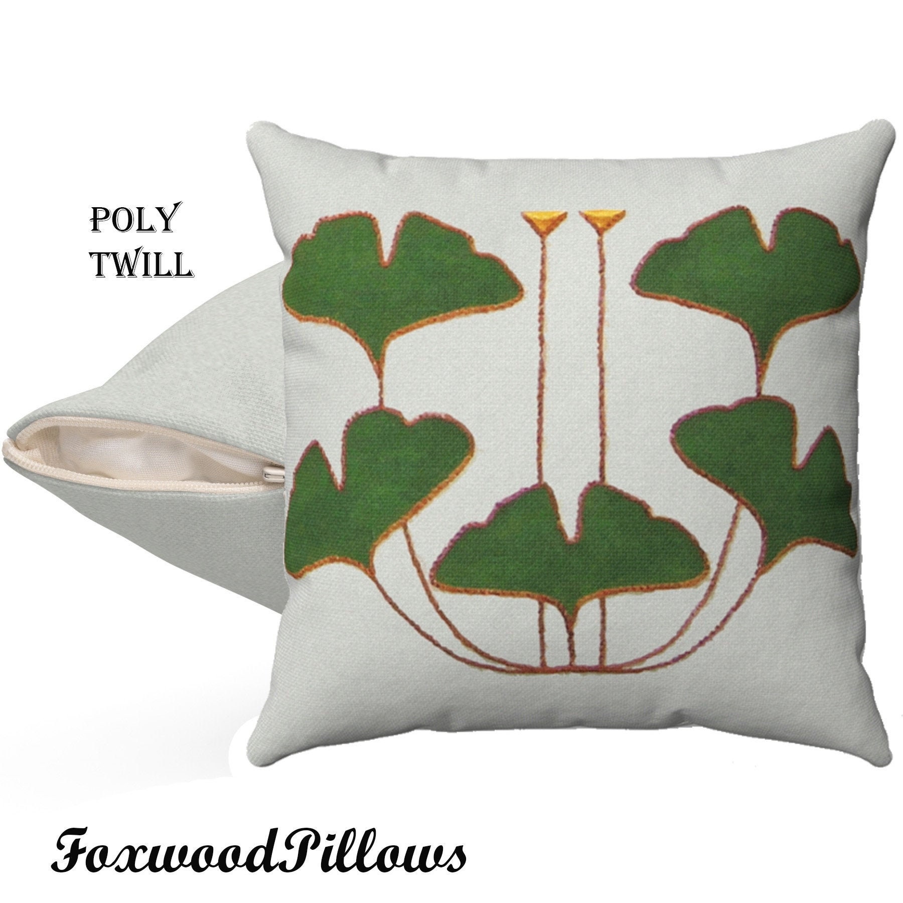 Outdoor Pillow, Craftsman Patio Pillow, Ginkgo Leaves, Green, Gustav Stickley, UV Protected, Porch Patio Botanical Cushion, INSERT INCLUDED