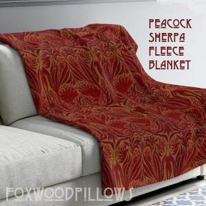 Coral Blanket, Scarlet Red Throw, Peacock Blanket, Arts & Crafts Movement, Craftsman Décor, Colorful Blanket, Sherpa Fleece, Sunset Colors