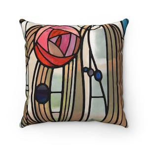 Rose Pillow, Charles Rennie Mackintosh, Faux Suede, Glasgow Rose, Stained Glass Designer Decor, Pink Rose Decor, Belle Epoque, Art Nouveau