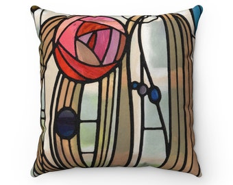 Rose Pillow, Charles Rennie Mackintosh, Faux Suede, Glasgow Rose, Stained Glass Designer Decor, Pink Rose Decor, Belle Epoque, Art Nouveau