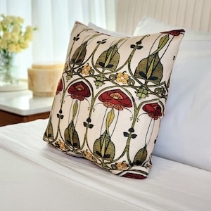 Art Nouveau Cushion, Red Floral Pillow, Art Nouveau Sofa Throw, Pillows for Bedroom, , Craftsman Bungalow Pillow, Arts and Crafts Movement