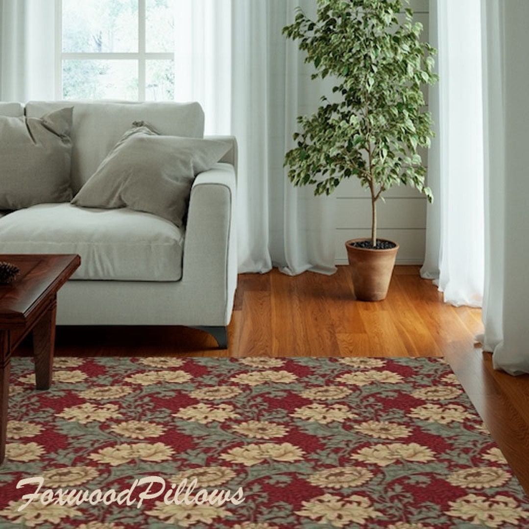 William Morris Area Rug, Chrysanthemum, Red, Cream Flowers, Craftsman