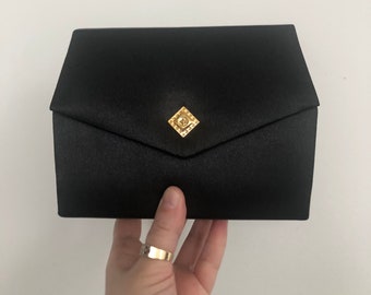 Black fabric style gold detail magnetic closure cocktail evening bag fabric strap, vintage, classic purse, minimalist, shoulder bag