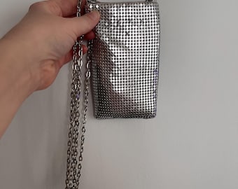 Vintage silver Chainlink mini rectangular crossbody bag with long silver chain arm strap