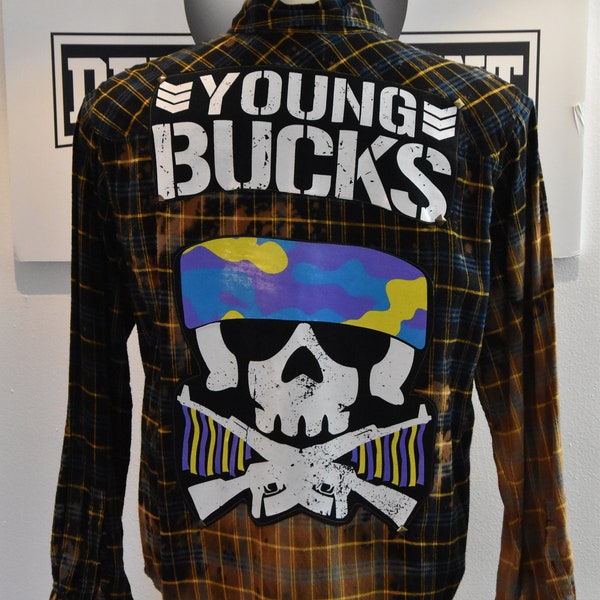 upclycled repurposed cotton bleached patched stunted flannel young bucks size large
