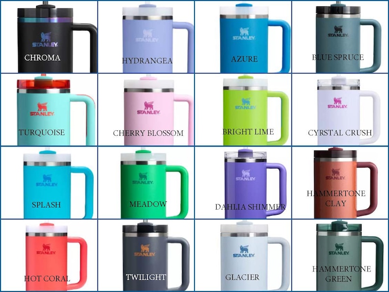 May include: A collage of 12 Stanley brand travel mugs in various colours and designs. The mugs are all stainless steel and have a handle. The colours include turquoise, blue, green, purple, pink, red, orange, and grey.