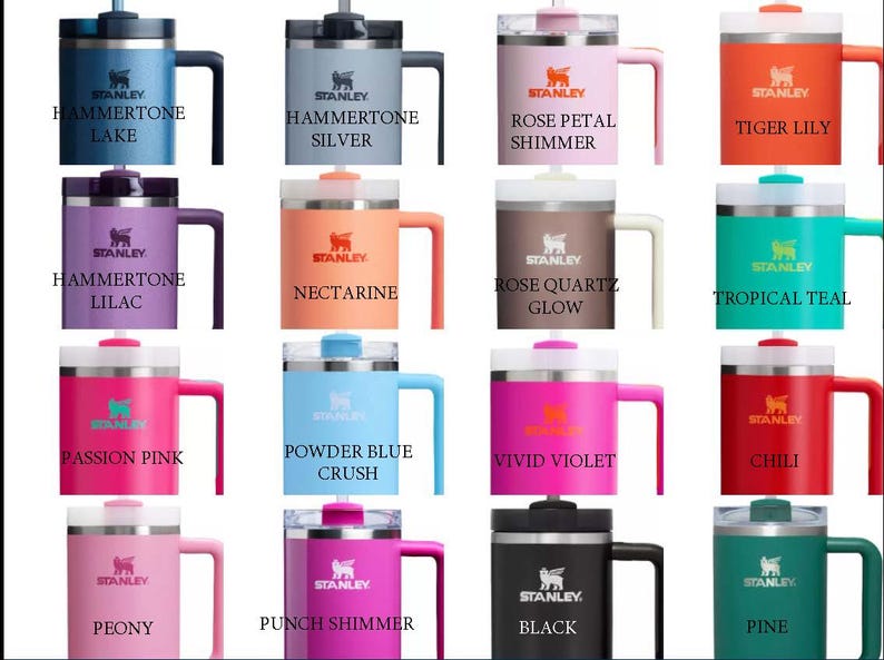 May include: A collection of 12 Stanley brand insulated mugs in a variety of colours and designs. The mugs have a handle and a lid with a straw.