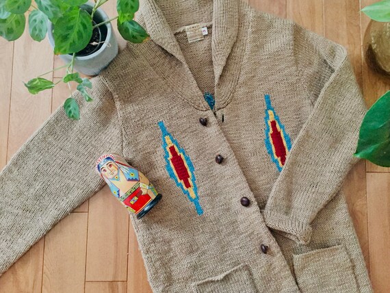Vintage long knit cardigan, Unisex shawl collar ca