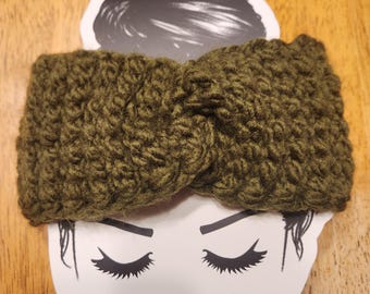 Scaldaorecchie fatto a mano all'uncinetto tunisino - Fascia invernale verde militare