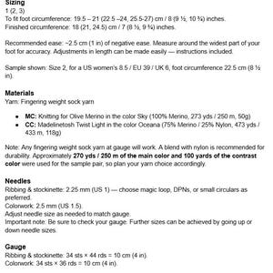 May include: Text from a knitting pattern, detailing sizing, materials, needles, and gauge for a sock project. Includes measurements in inches and centimeters, yarn specifications, and needle sizes in US and metric units. The pattern uses fingering weight sock yarn.