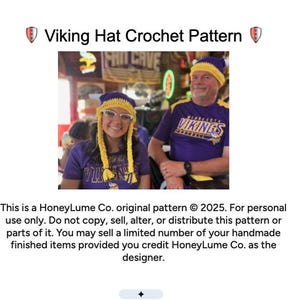 May include: A Viking Hat Crochet Pattern featuring a purple and yellow crocheted hat with horns and braided earflaps. The text reads Viking Hat Crochet Pattern, This is a HoneyLume Co. original pattern 2025. For personal use only. Do not copy, sell, alter.