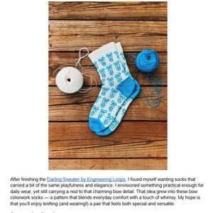May include: A pair of knit socks with a bow pattern in light blue and white, with blue heels and toes. The socks are displayed with two balls of yarn, one white and one blue, on a wooden surface. The text "Sweet Bow Socks" is at the top.
