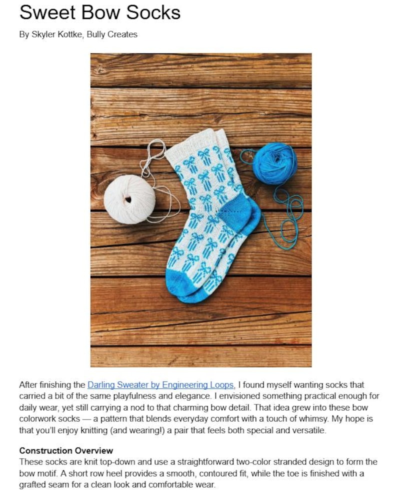 May include: A pair of knit socks with a bow pattern in light blue and white, with blue heels and toes. The socks are displayed with two balls of yarn, one white and one blue, on a wooden surface. The text "Sweet Bow Socks" is at the top.