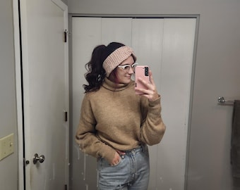 Scaldaorecchie all'uncinetto tunisino - Fascia invernale fatta a mano / Fascia per la testa intrecciata e intrecciata color rosa cipria