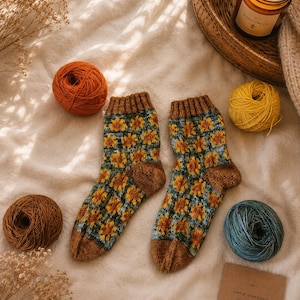 May include: A pair of hand-knitted socks with a sunflower pattern, featuring shades of brown, yellow, and blue. The socks are displayed with balls of yarn in various colors and a lit candle in a basket, creating a cozy, autumnal theme.