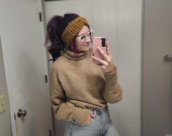 Scaldaorecchie all'uncinetto tunisino - Fascia invernale fatta a mano / Fascia per capelli intrecciata a incrocio in bronzo