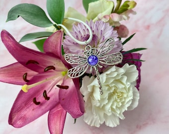 Purple and White Dragonfly Necklace, Insect Necklace, Dragonfly Jewelry, Antique Silver-Plated Pendant