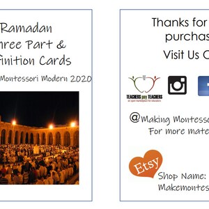 May include: A printable Ramadan Three Part & Definition Cards resource for teaching children about the Islamic holiday. The image shows a mosque at night with people praying inside. The text "Ramadan Three Part & Definition Cards" is at the top of the image. The text "@Making Montessori Modern 2020" is at the bottom of the image.