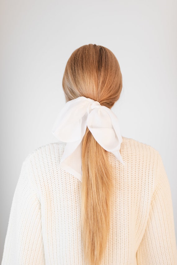 Oversized Hair Ribbon Silk Chiffon White Pony Scarf Tie 