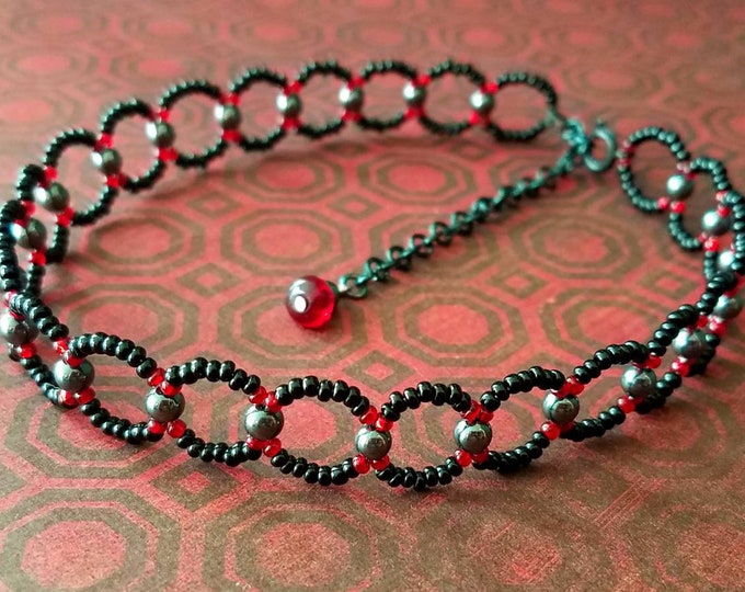 Blood Red Beaded Choker Black Customized Length Available