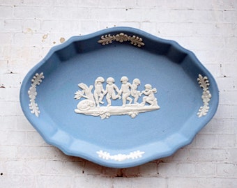 Wedgwood Dancing Cherubs Oval Tray Blue & White Dish, Vintage Plate