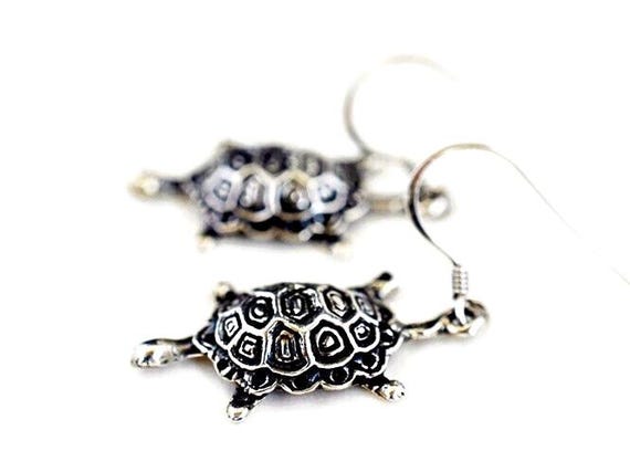 Vintage Sterling Silver Turtle Dangle Earrings Ho… - image 3