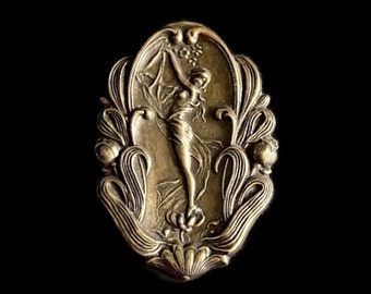 Art Nouveau Goddess Brooch, Lady Cameo, Lily Fairy Pin, Woman Repousse Oxidized Brass Stamping