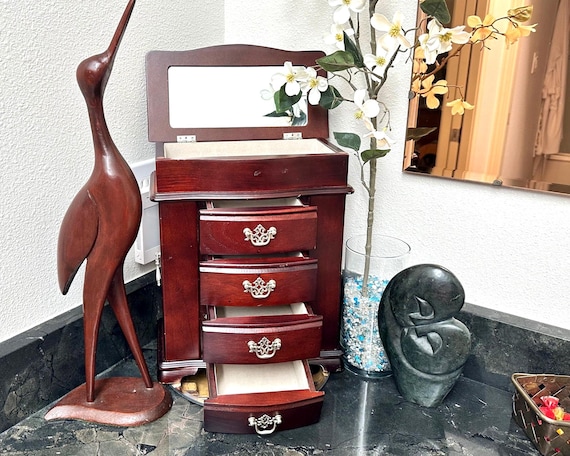 Vintage Wood Jewelry Armoire: Mirrored Velvet-Lined Jewelry Box