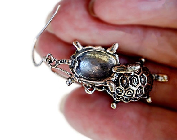 Vintage Sterling Silver Turtle Dangle Earrings Ho… - image 7