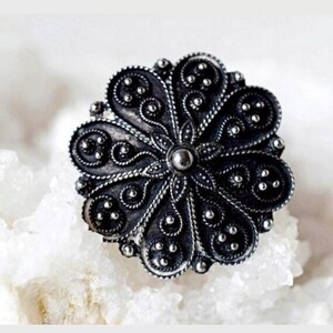 Vintage Etruscan Shield Brooch: Oxidized 950 Sterling Silver Floral Design